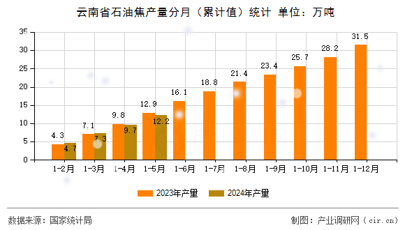 云南省石油焦產(chǎn)量分月（累計(jì)值）統(tǒng)計(jì)