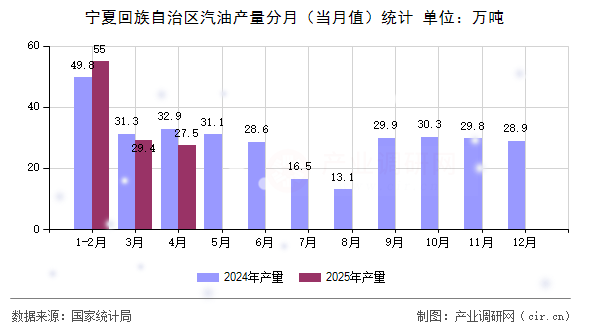 寧夏回族自治區(qū)汽油產(chǎn)量分月（當(dāng)月值）統(tǒng)計