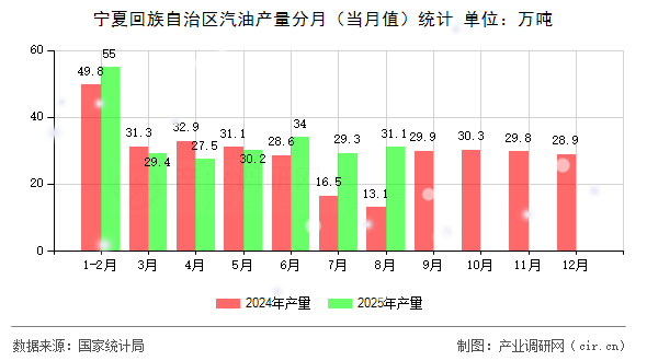 寧夏回族自治區(qū)汽油產(chǎn)量分月（當月值）統(tǒng)計